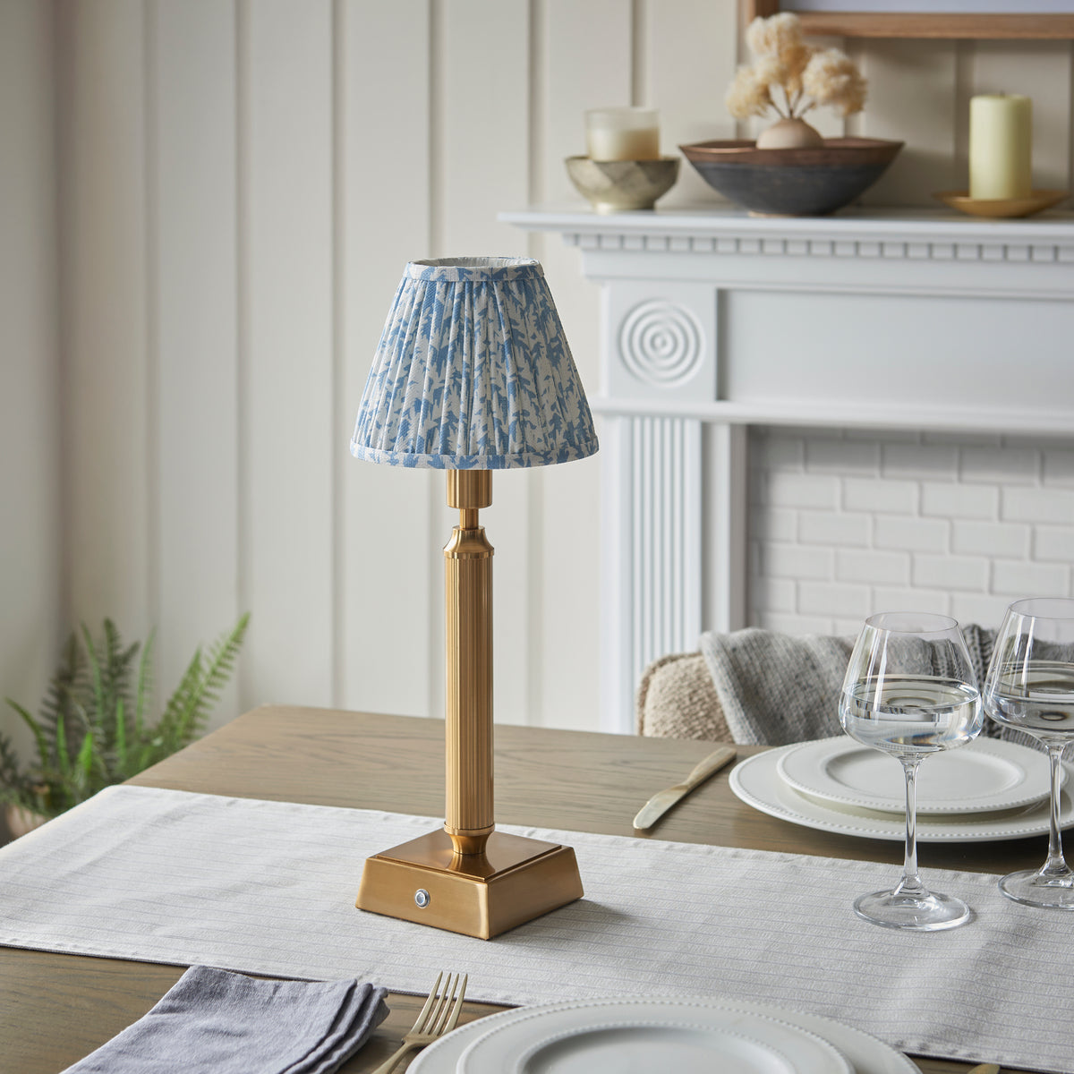 Trobridge Rechargeable Table Lamp in Brass with Shell Bay Blue 16cm Leaf Shade