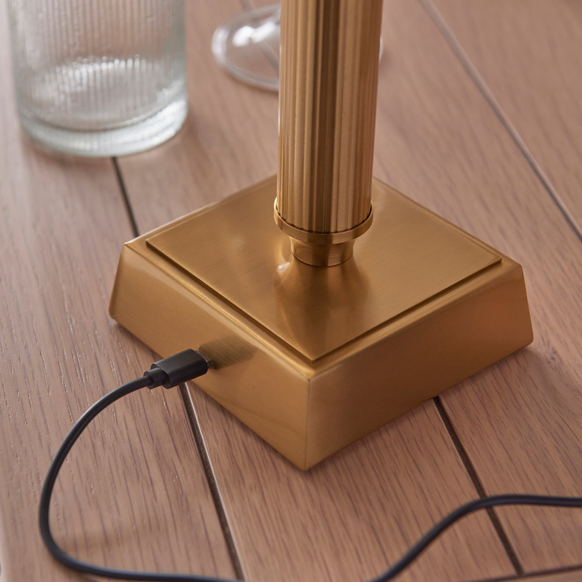 Trobridge Rechargeable Table Lamp in Brass with Shell Bay Blue 16cm Leaf Shade