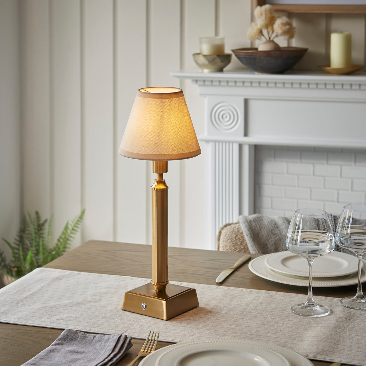 Trobridge Rechargeable Table Lamp in Brass with Vintage & Almond White 16cm Ivy Shade