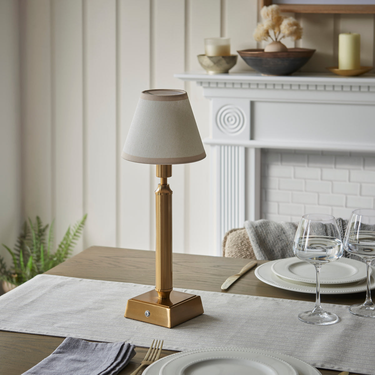 Trobridge Rechargeable Table Lamp in Brass with Vintage & Almond White 16cm Ivy Shade