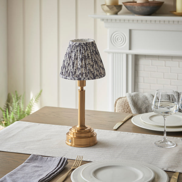 Upton Rechargeable Table Lamp in Brass with Pearl Grey 16cm Leaf Shade