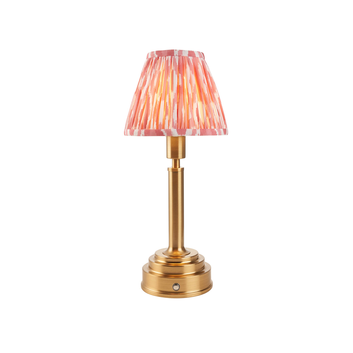 Upton Rechargeable Table Lamp in Brass with Coral Pink 16cm Ikat Shade