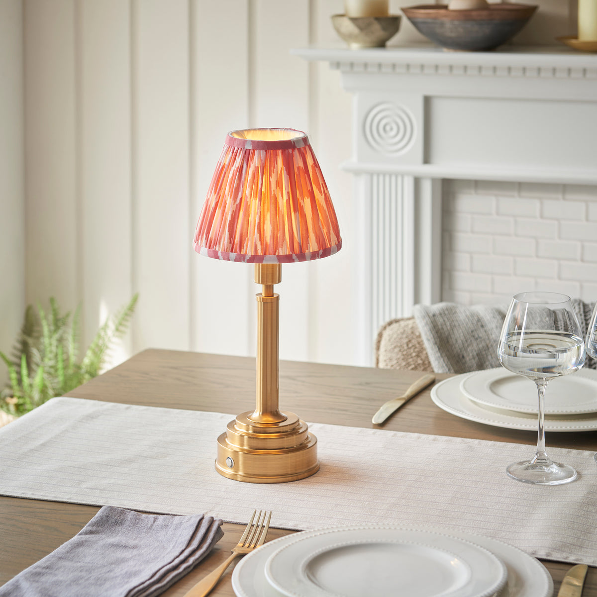 Upton Rechargeable Table Lamp in Brass with Coral Pink 16cm Ikat Shade