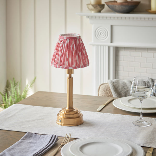 Upton Rechargeable Table Lamp in Brass with Coral Pink 16cm Ikat Shade