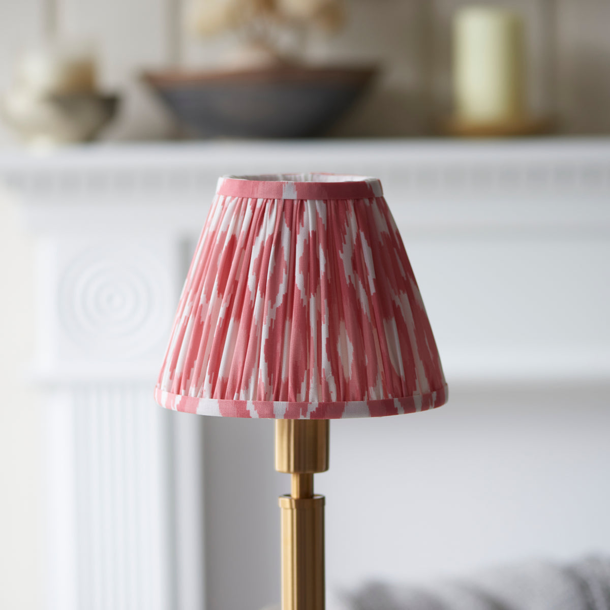 Upton Rechargeable Table Lamp in Brass with Coral Pink 16cm Ikat Shade