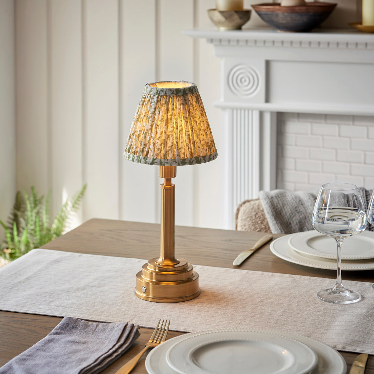 Upton Rechargeable Table Lamp in Brass with Herb Garden Green 16cm Leaf Shade