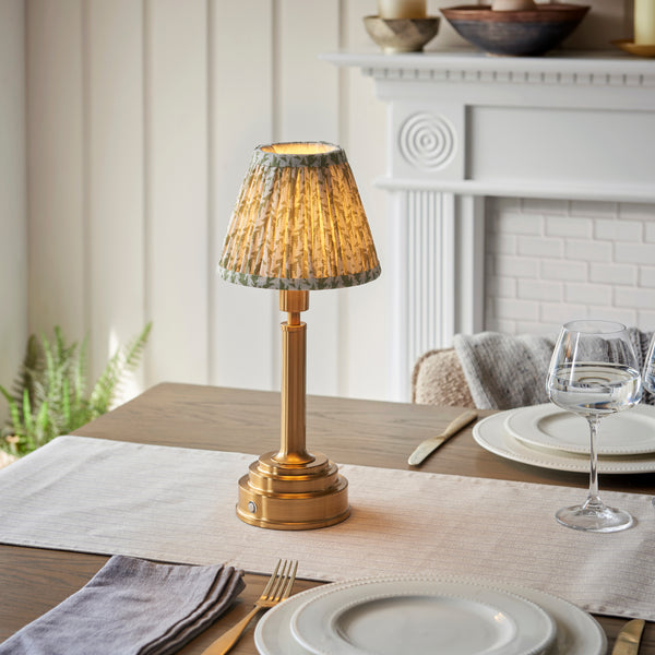 Upton Rechargeable Table Lamp in Brass with Herb Garden Green 16cm Leaf Shade