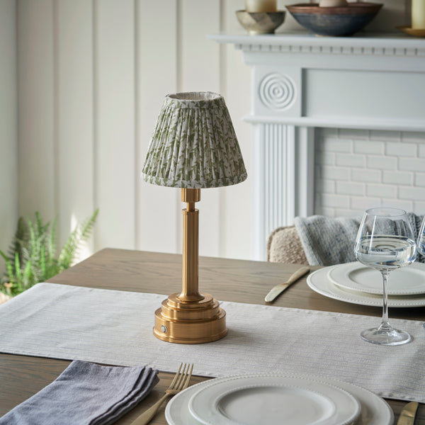 Upton Rechargeable Table Lamp in Brass with Herb Garden Green 16cm Leaf Shade