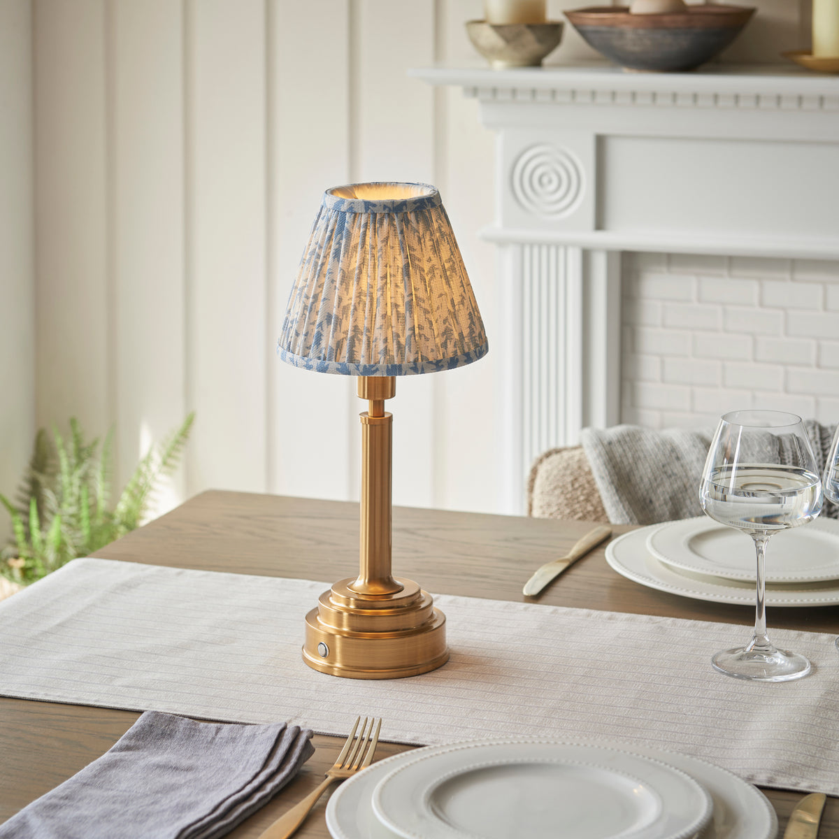 Upton Rechargeable Table Lamp in Brass with Shell Bay Blue 16cm Leaf Shade
