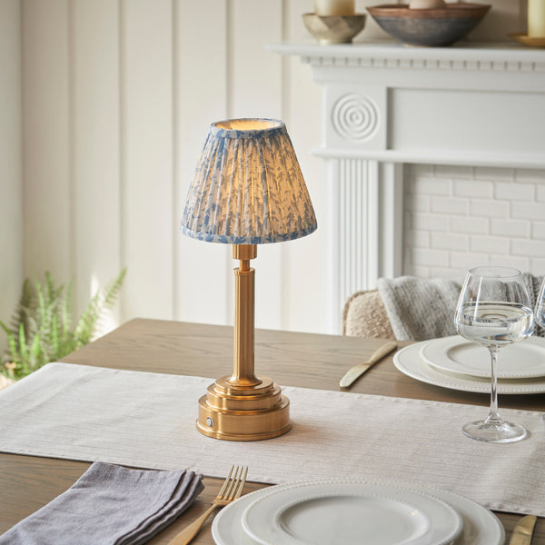 Upton Rechargeable Table Lamp in Brass with Shell Bay Blue 16cm Leaf Shade