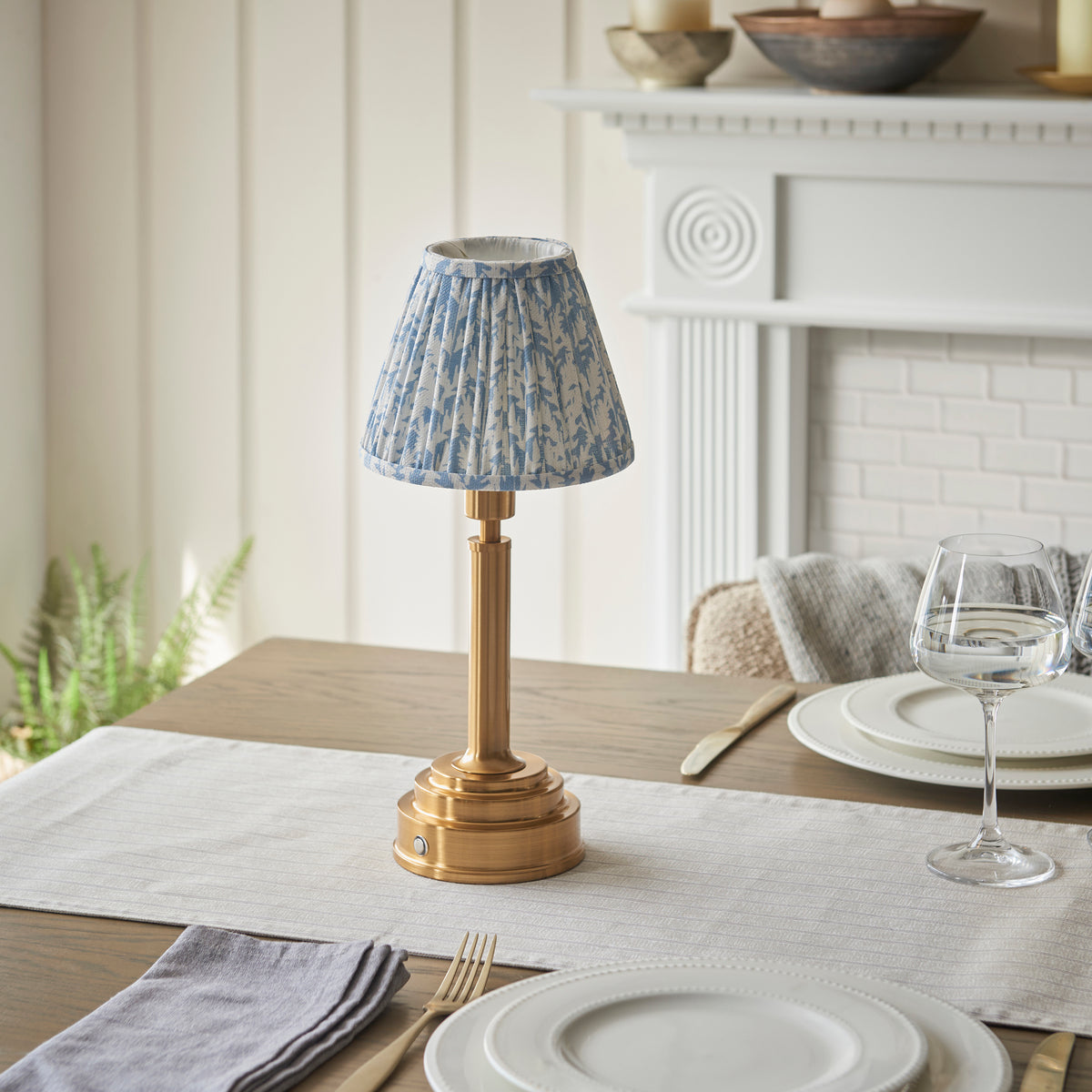 Upton Rechargeable Table Lamp in Brass with Shell Bay Blue 16cm Leaf Shade