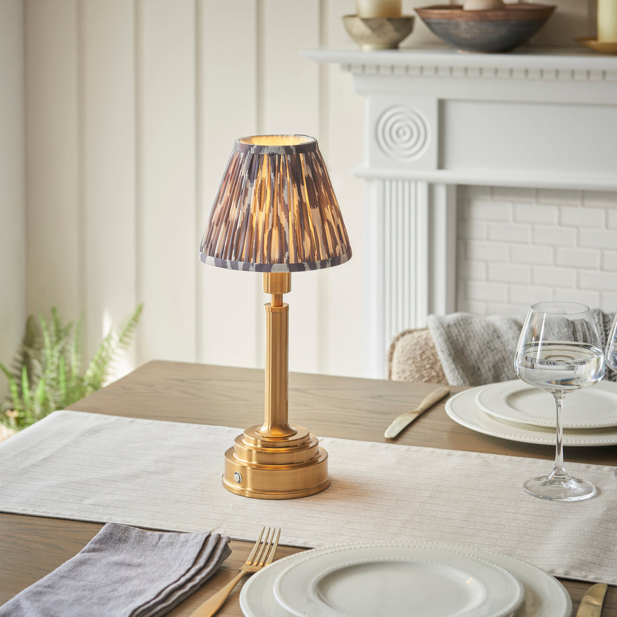 Upton Rechargeable Table Lamp in Brass with Pearl Grey 16cm Ikat Shade