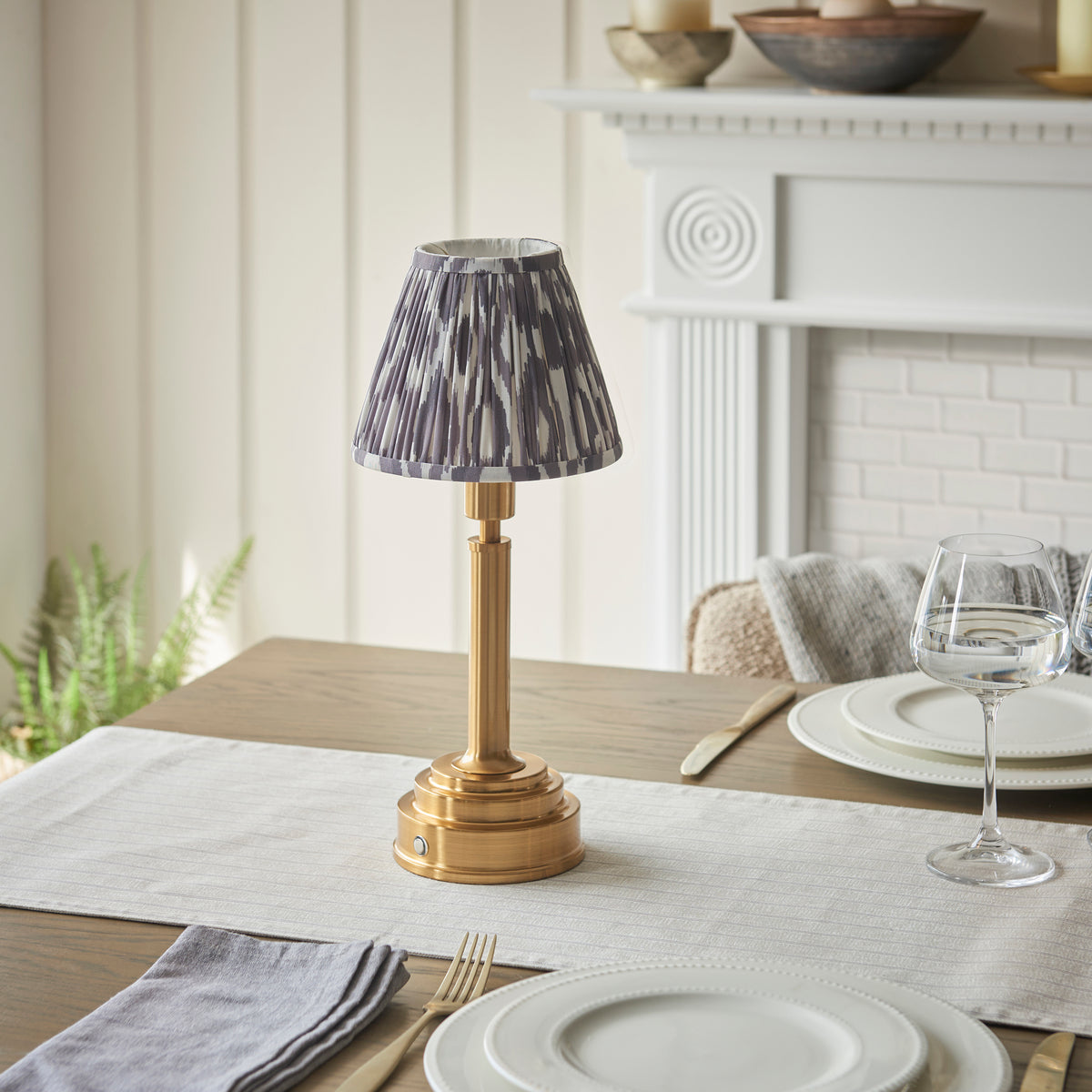 Upton Rechargeable Table Lamp in Brass with Pearl Grey 16cm Ikat Shade