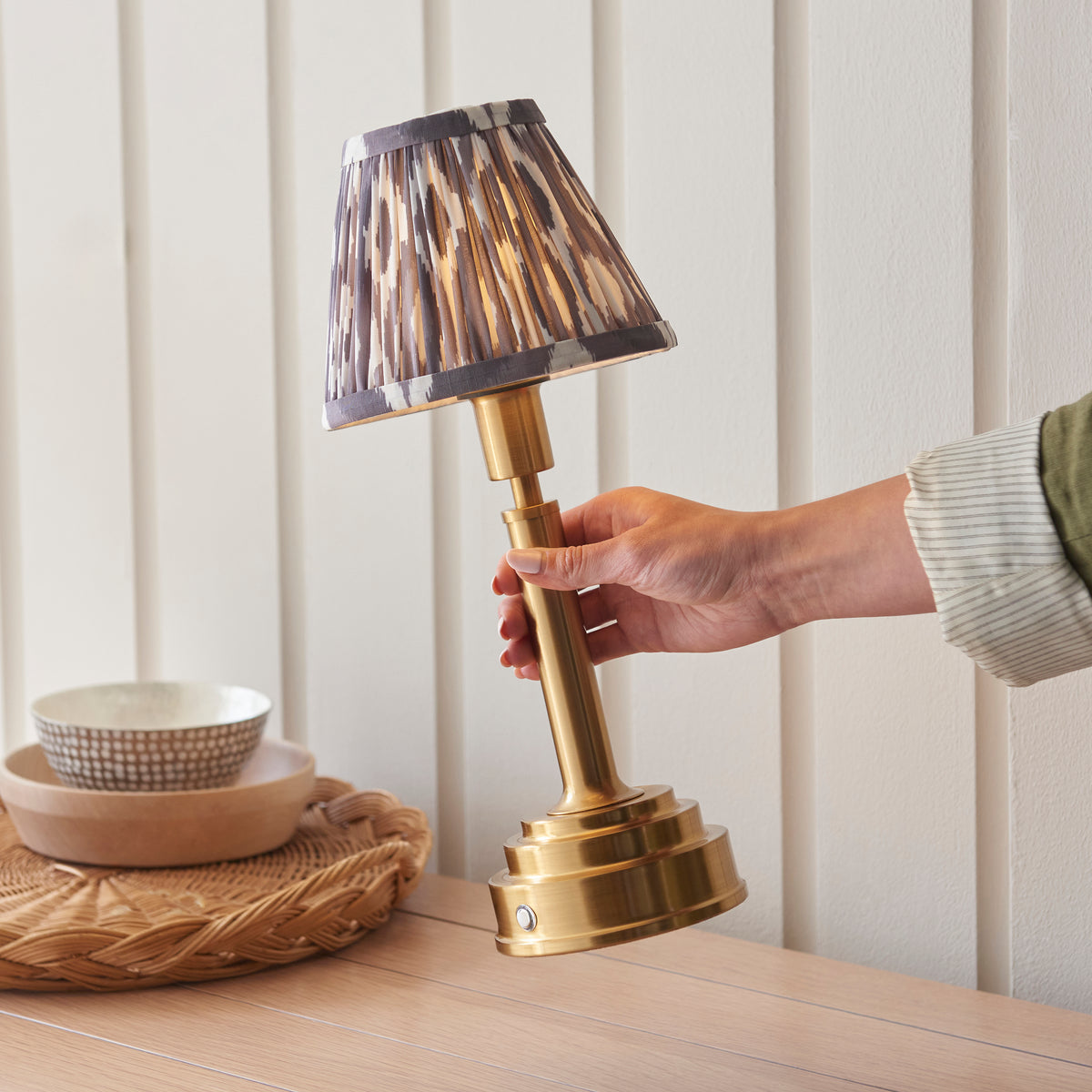 Upton Rechargeable Table Lamp in Brass with Pearl Grey 16cm Ikat Shade