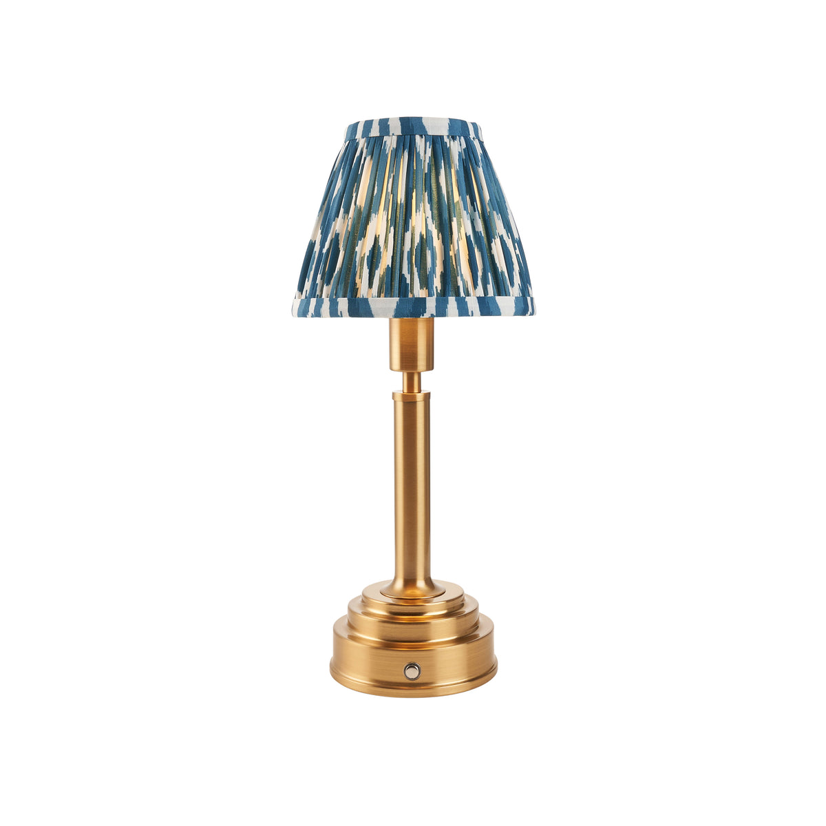 Upton Rechargeable Table Lamp in Brass with Marlin Blue 16cm Ikat Shade