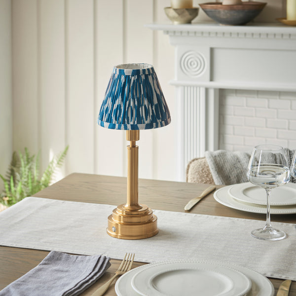 Upton Rechargeable Table Lamp in Brass with Marlin Blue 16cm Ikat Shade