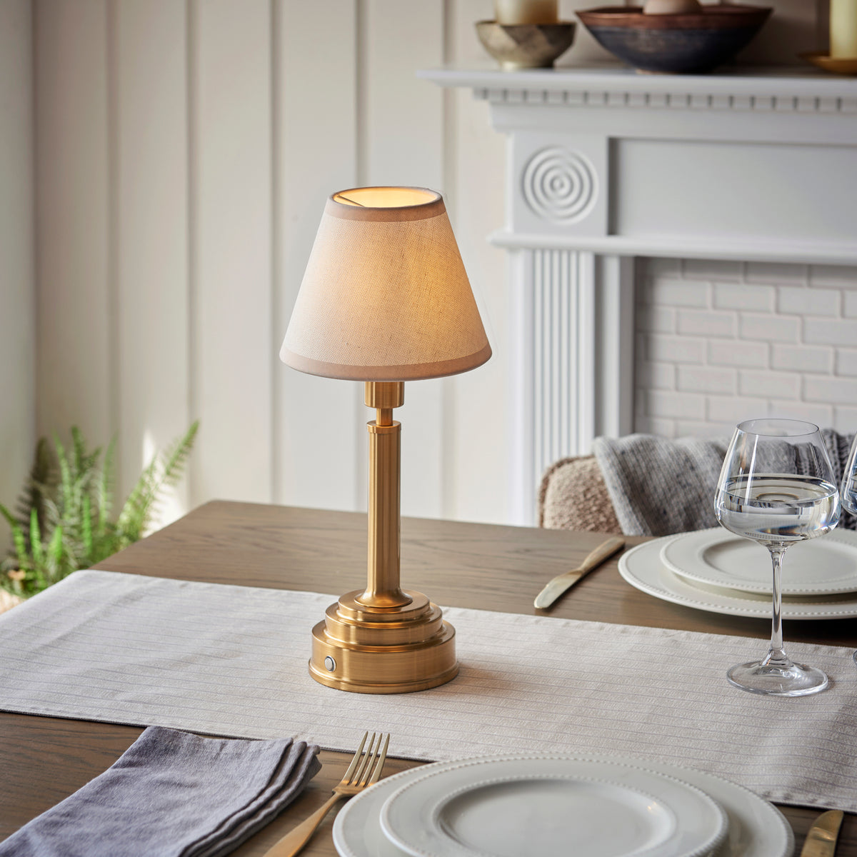 Upton Rechargeable Table Lamp in Brass with Vintage & Almond White 16cm Ivy Shade