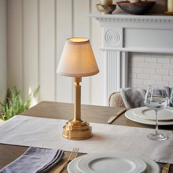 Upton Rechargeable Table Lamp in Brass with Vintage & Almond White 16cm Ivy Shade
