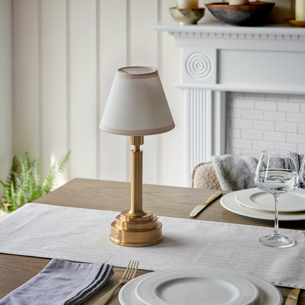 Upton Rechargeable Table Lamp in Brass with Vintage & Almond White 16cm Ivy Shade