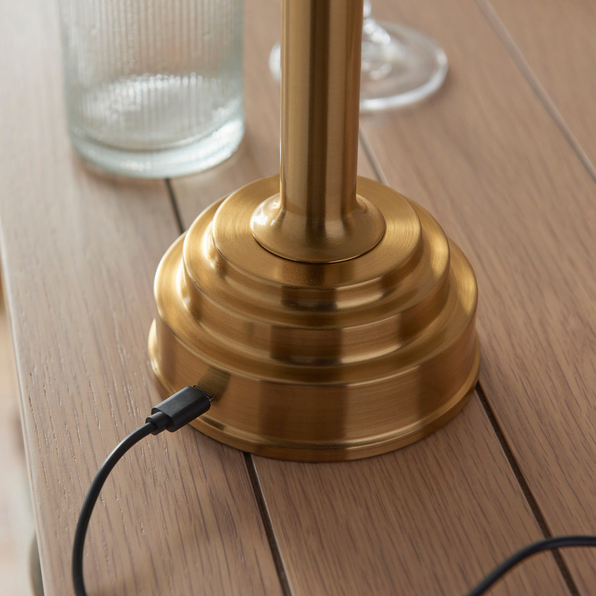 Upton Rechargeable Table Lamp in Brass with Vintage & Almond White 16cm Ivy Shade