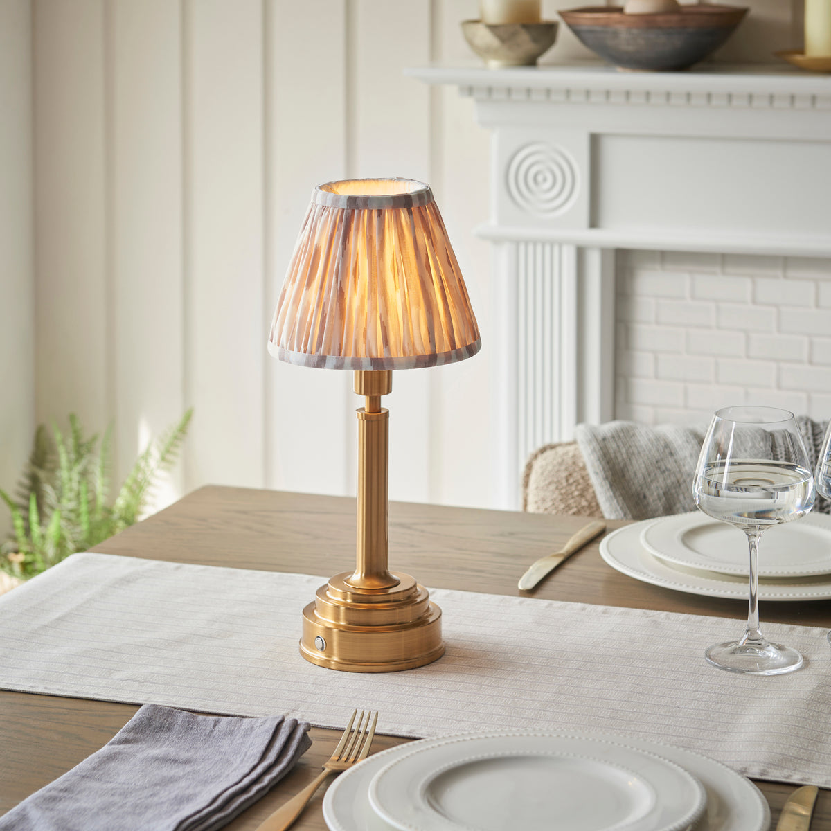 Upton Rechargeable Table Lamp in Brass with Natural 16cm Ikat Shade