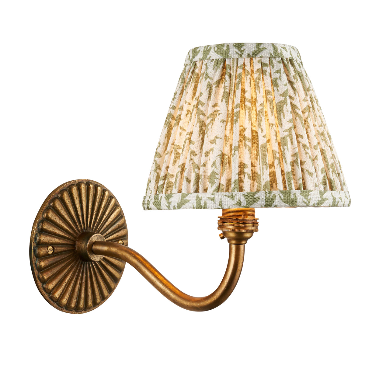 Dahlia Curve Wall Light in Brass with Herb Garden Green 16cm Leaf Shade