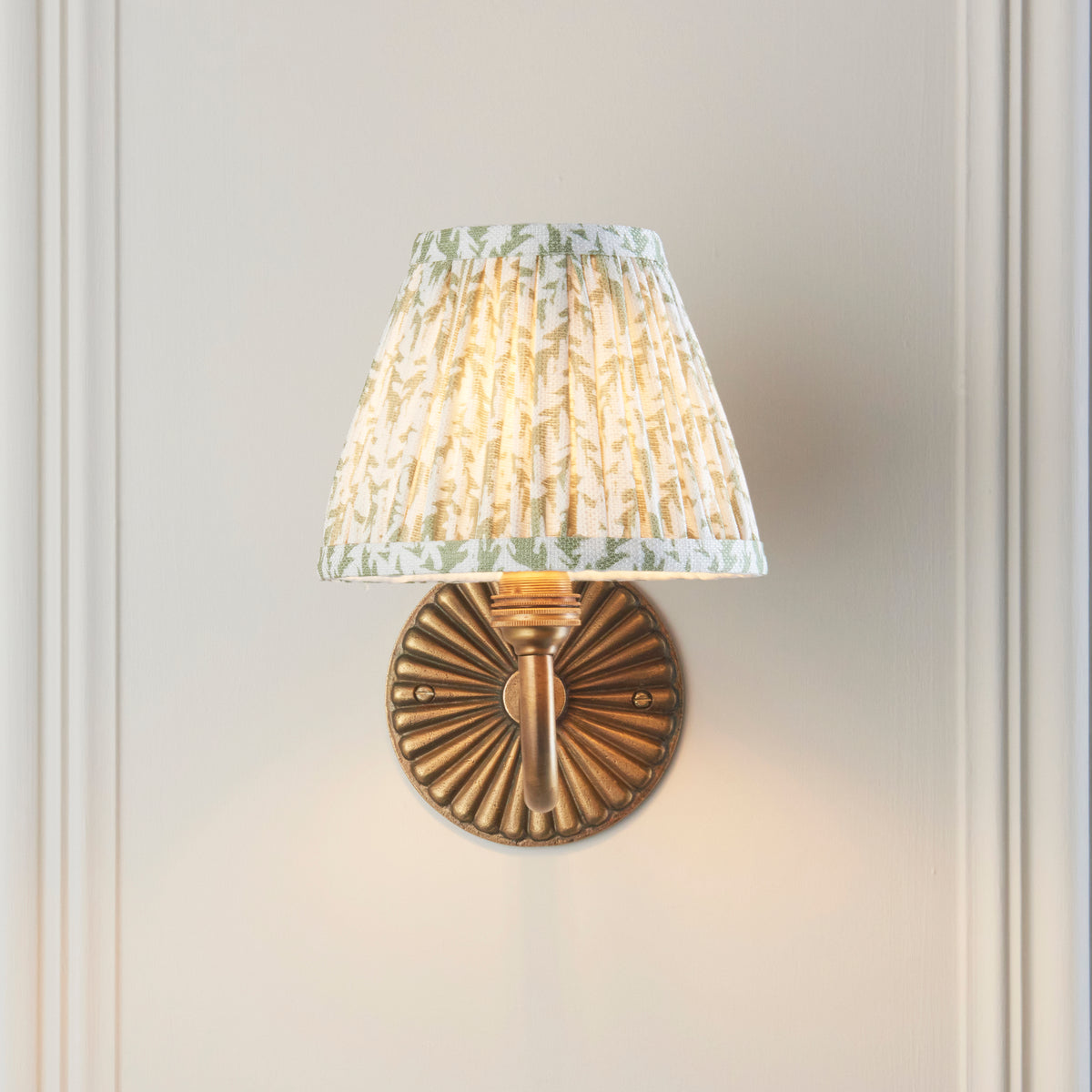 Dahlia Curve Wall Light in Brass with Herb Garden Green 16cm Leaf Shade