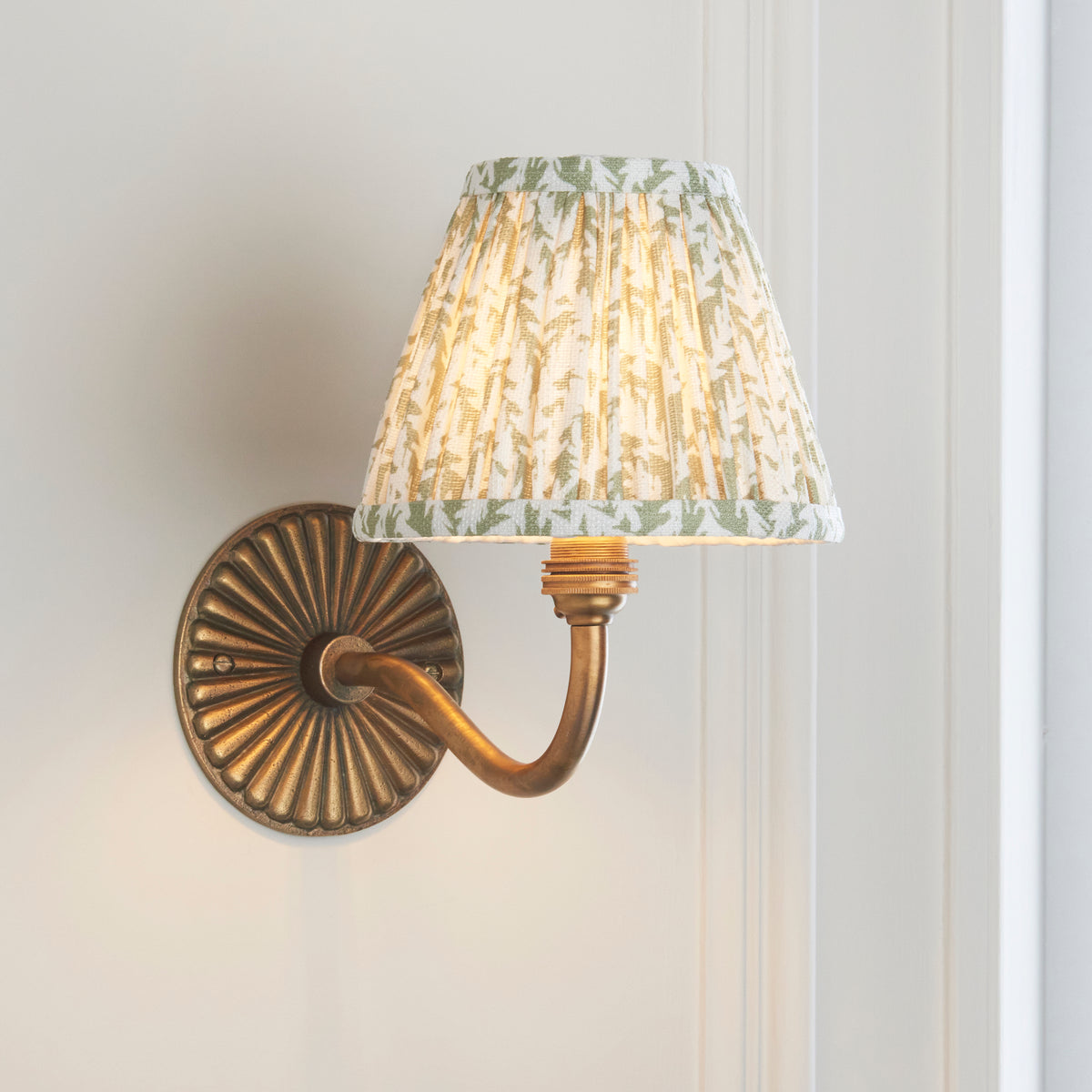 Dahlia Curve Wall Light in Brass with Herb Garden Green 16cm Leaf Shade