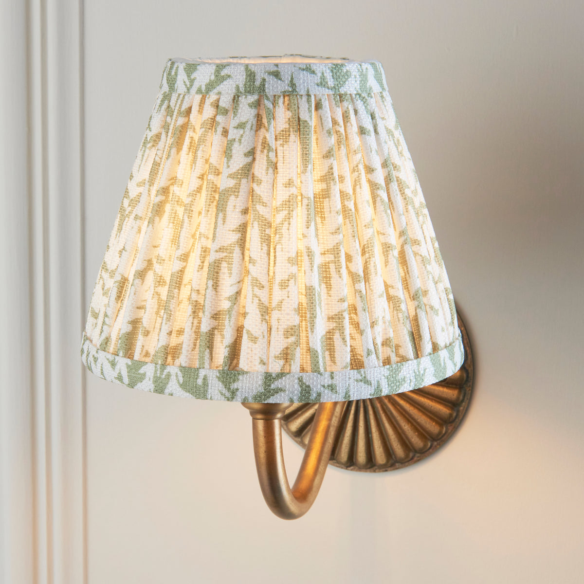 Dahlia Curve Wall Light in Brass with Herb Garden Green 16cm Leaf Shade
