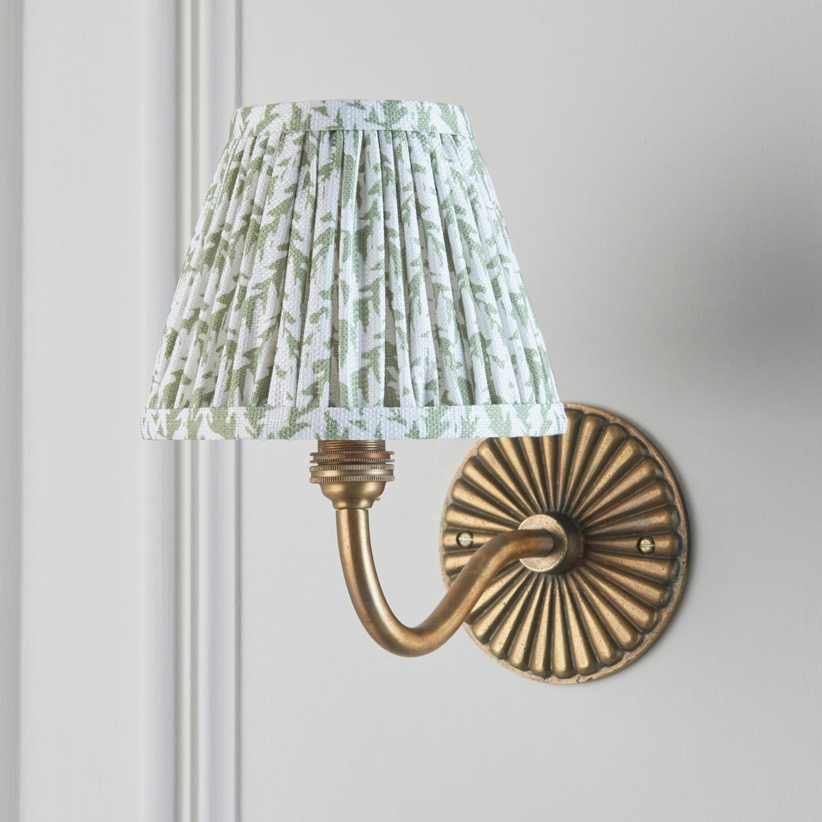 Dahlia Curve Wall Light in Brass with Herb Garden Green 16cm Leaf Shade