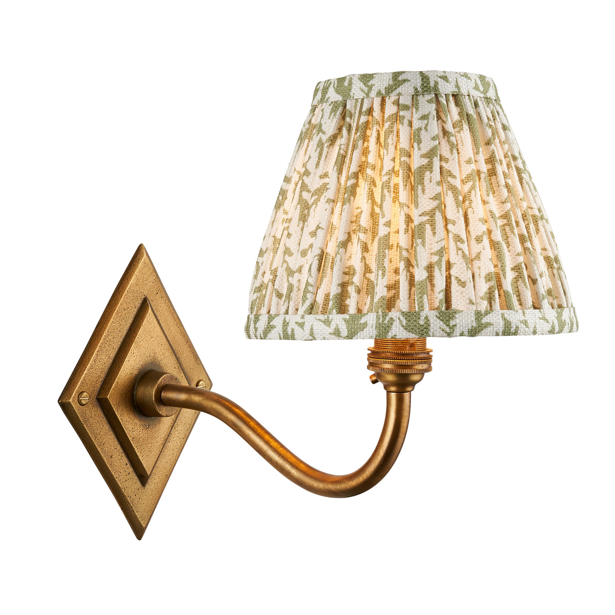 Diamond Curve Wall Light in Brass with Herb Garden Green 16cm Leaf Shade