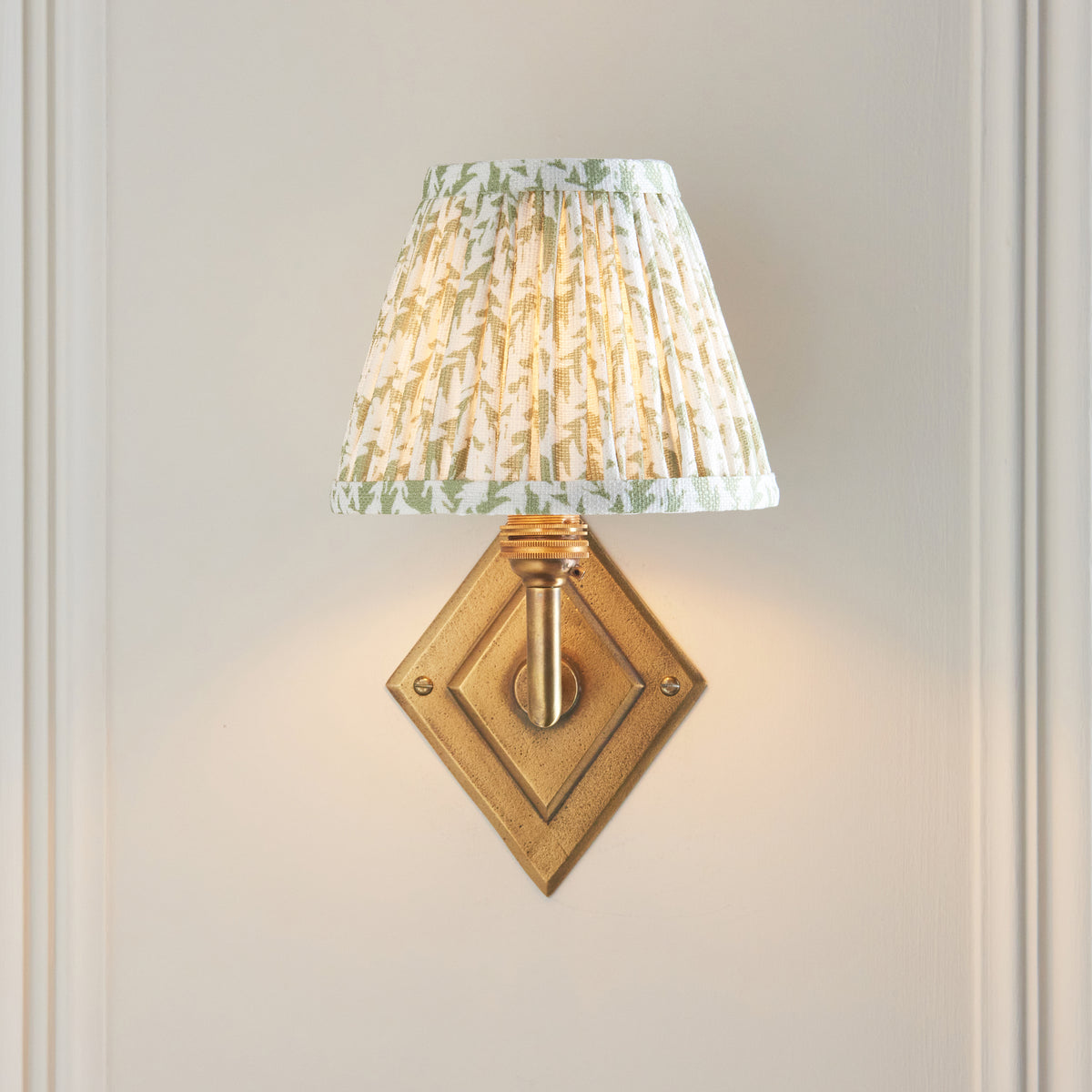 Diamond Angle Wall Light in Brass with Herb Garden Green 16cm Leaf Shade