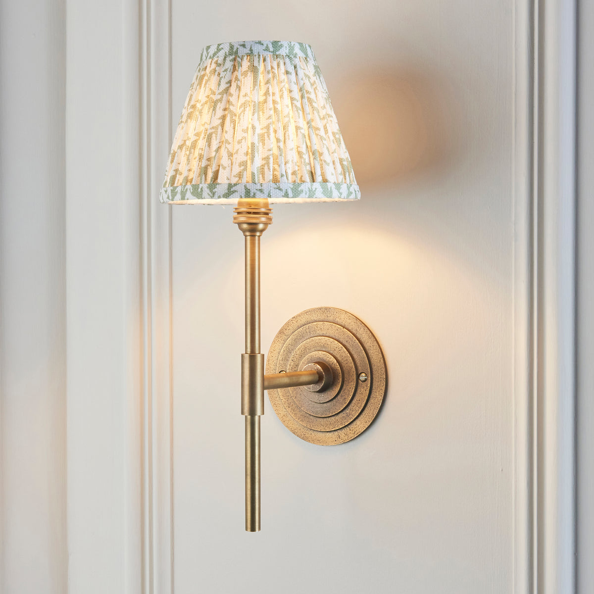 Halo Tall Wall Light in Brass with Herb Garden Green 16cm Leaf Shade