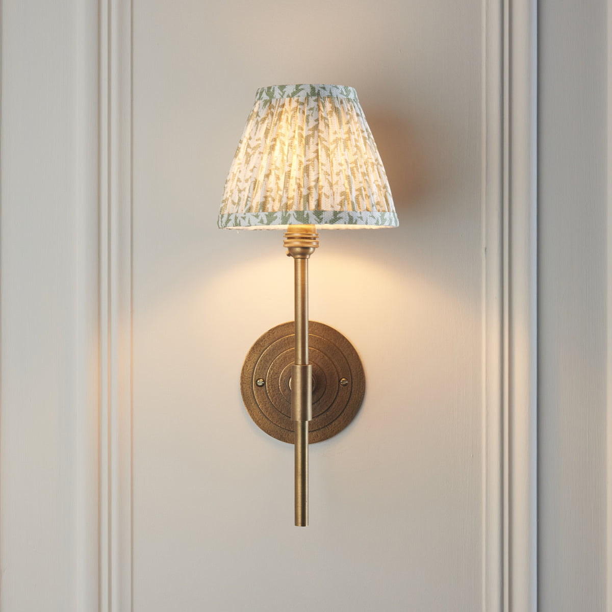 Halo Tall Wall Light in Brass with Herb Garden Green 16cm Leaf Shade