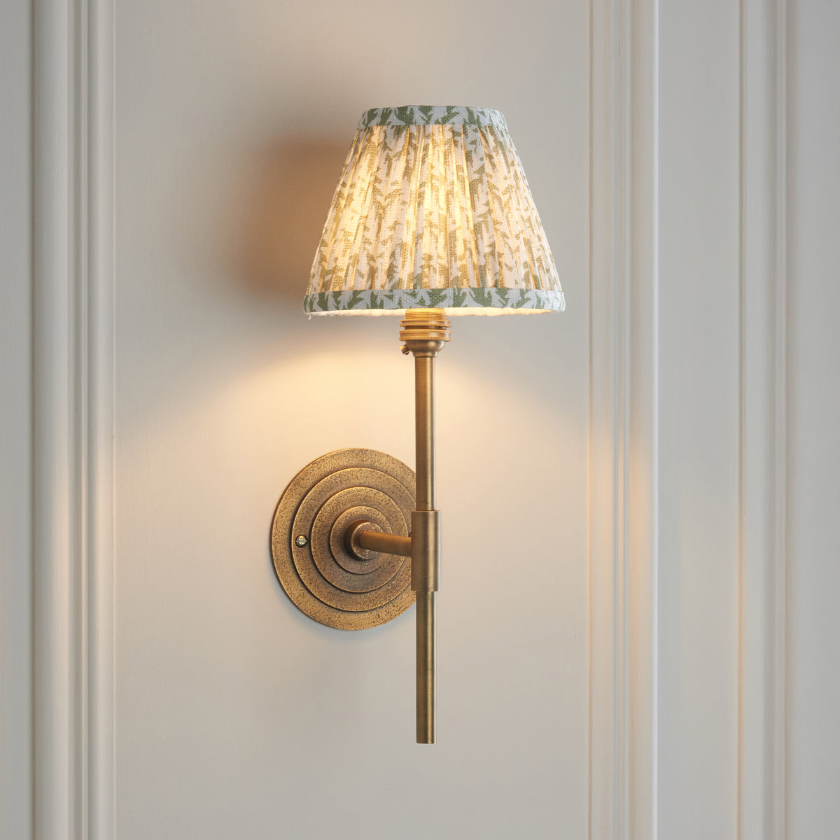 Halo Tall Wall Light in Brass with Herb Garden Green 16cm Leaf Shade