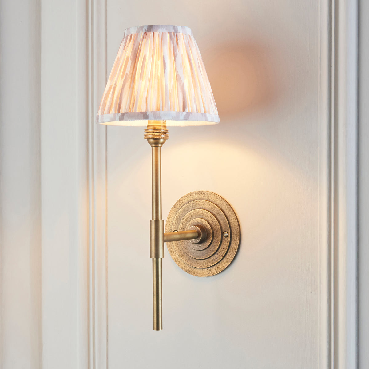 Halo Tall Wall Light in Brass with Neutral 16cm Ikat Shade