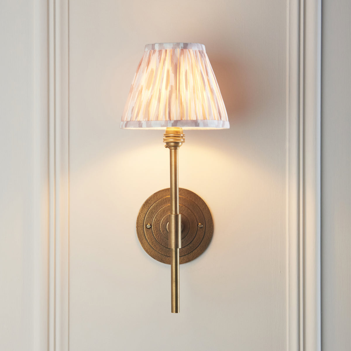 Halo Tall Wall Light in Brass with Neutral 16cm Ikat Shade