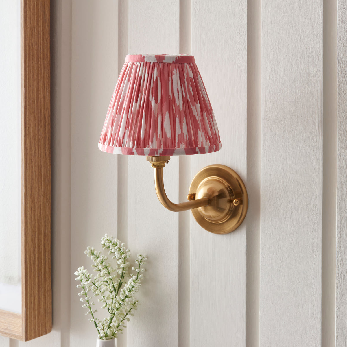 Dome Arc Wall Light in Brass with Coral Pink 16cm Ikat Shade