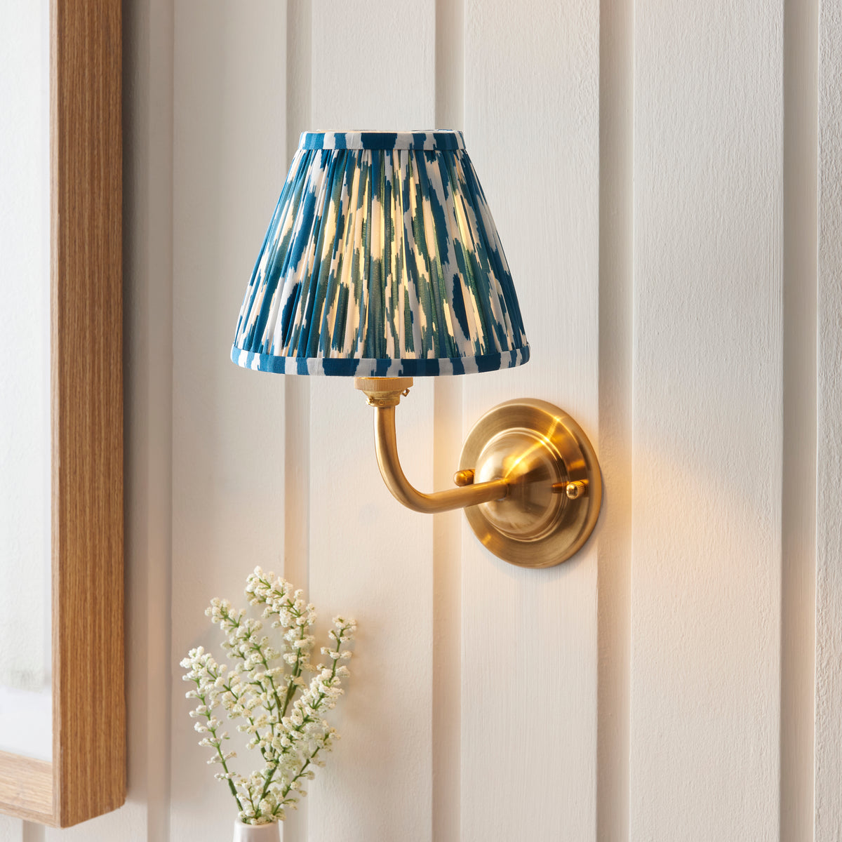 Dome Arc Wall Light in Brass with Marlin Blue 16cm Ikat Shade