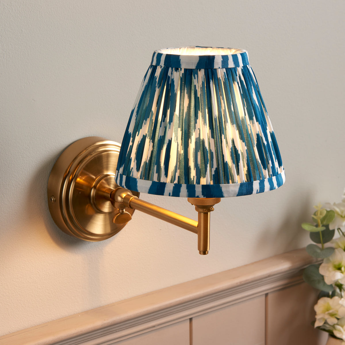 Step Fold Wall Light in Brass with Marlin Blue 16cm Ikat Shade