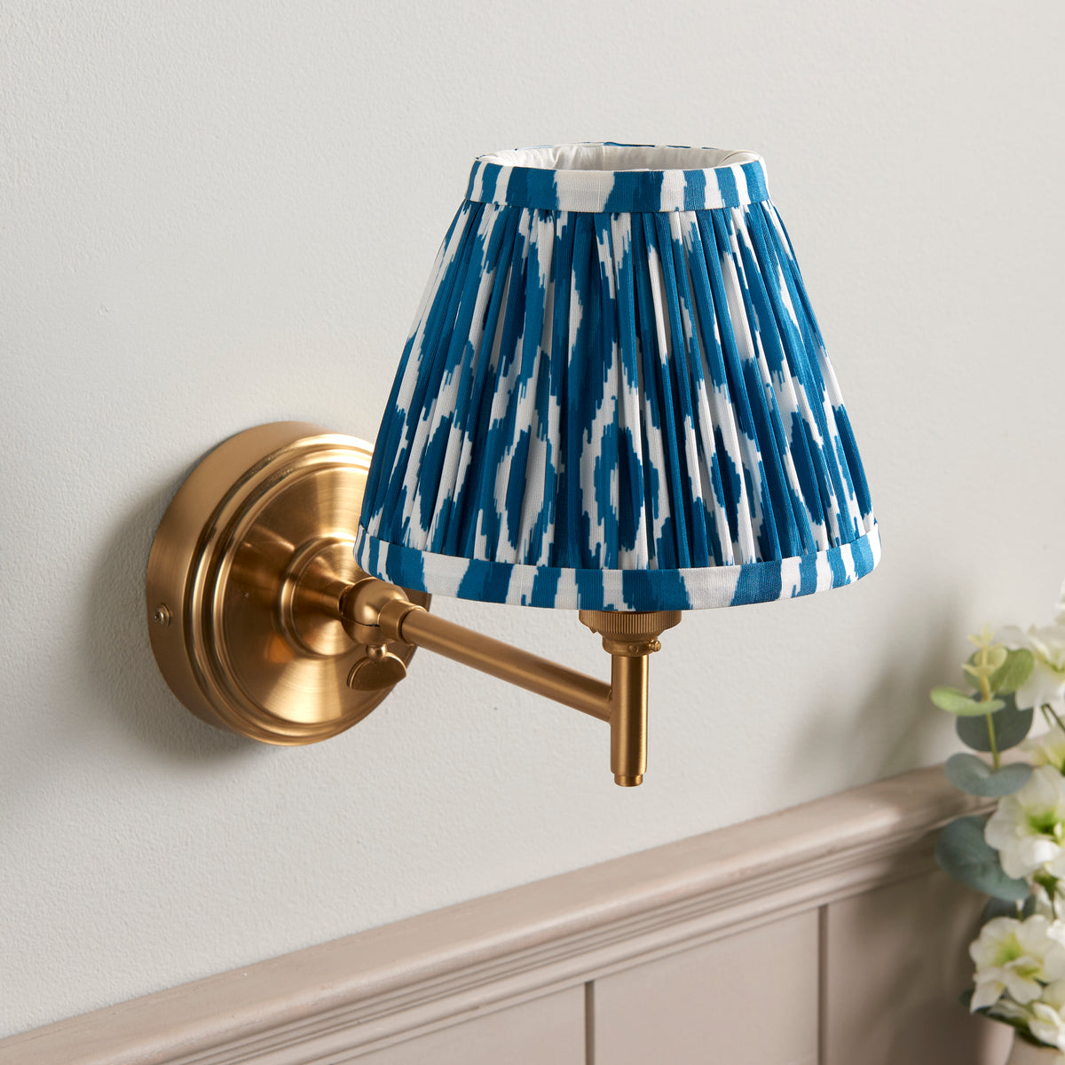 Step Fold Wall Light in Brass with Marlin Blue 16cm Ikat Shade