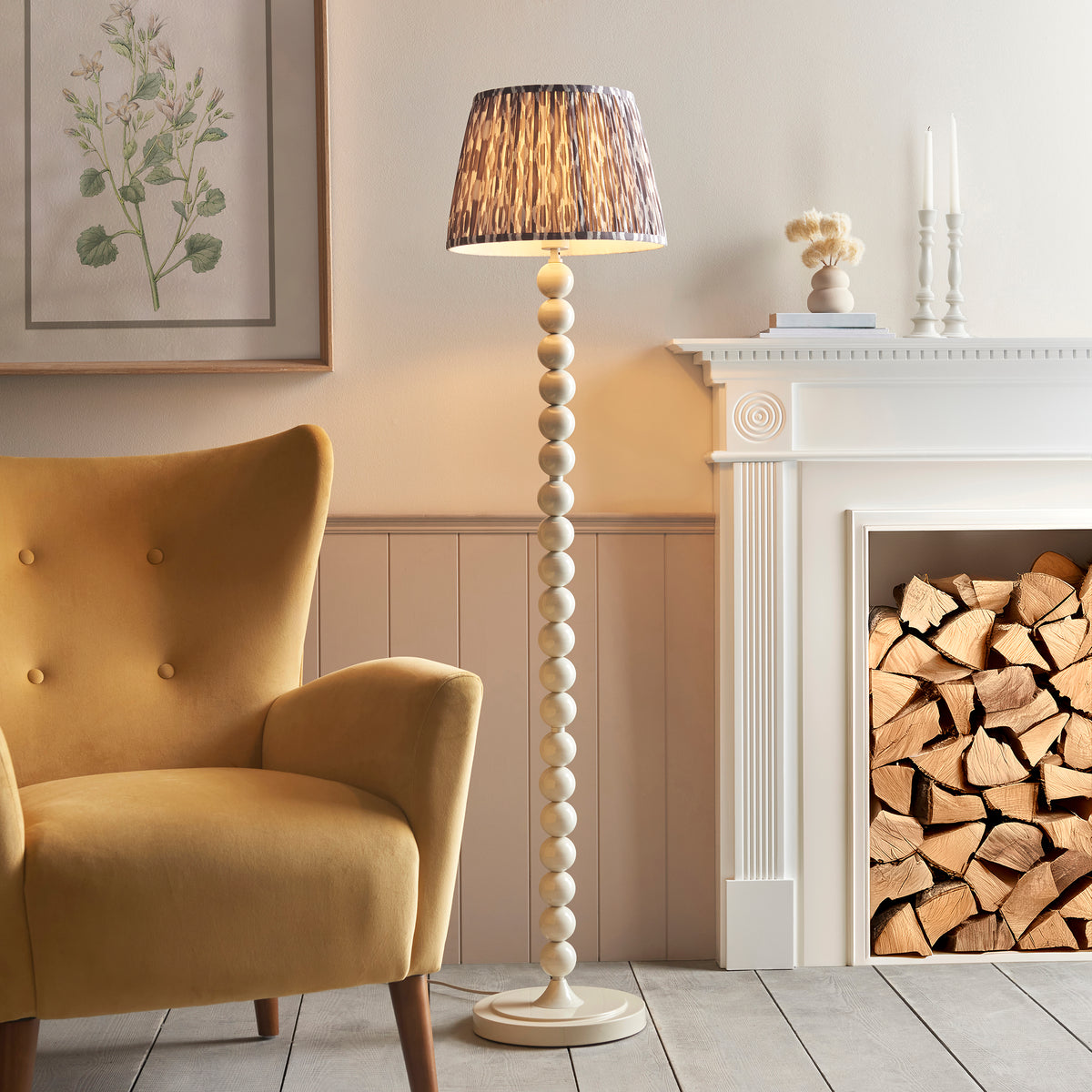 Higgledy Floor Lamp in Almond White with Pearl Grey 35cm Ikat Shade