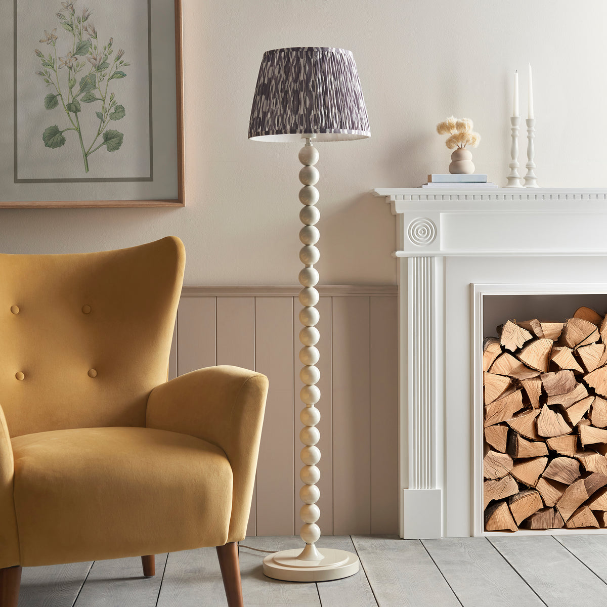 Higgledy Floor Lamp in Almond White with Pearl Grey 35cm Ikat Shade
