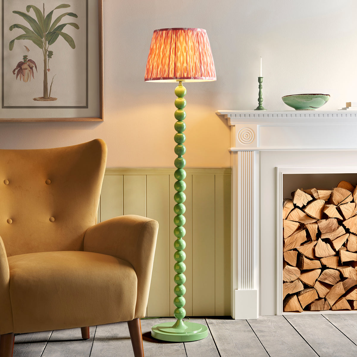 Higgledy Floor Lamp in Cotswold Green with Coral Pink 35cm Ikat Shade
