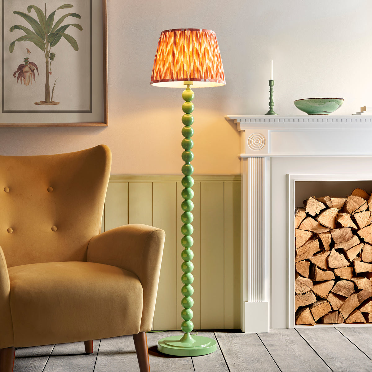 Higgledy Floor Lamp in Cotswold Green with Apricot Orange 35cm Zigzag Shade