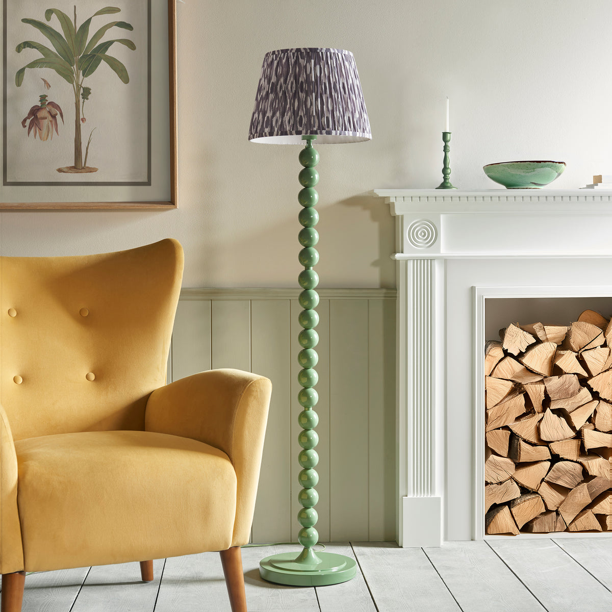 Higgledy Floor Lamp in Cotswold Green with Pearl Grey 35cm Ikat Shade