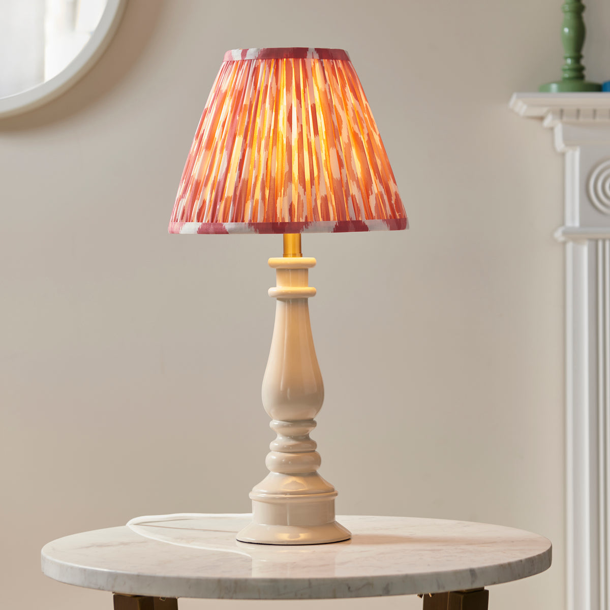 Myrtle Table Lamp in Almond White with Coral Pink 25cm Ikat Shade