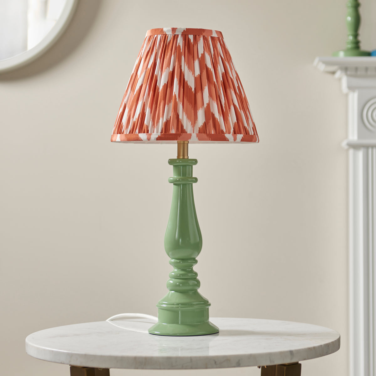 Myrtle Table Lamp in Cotswold Green with Apricot Orange 25cm Zigzag Shade