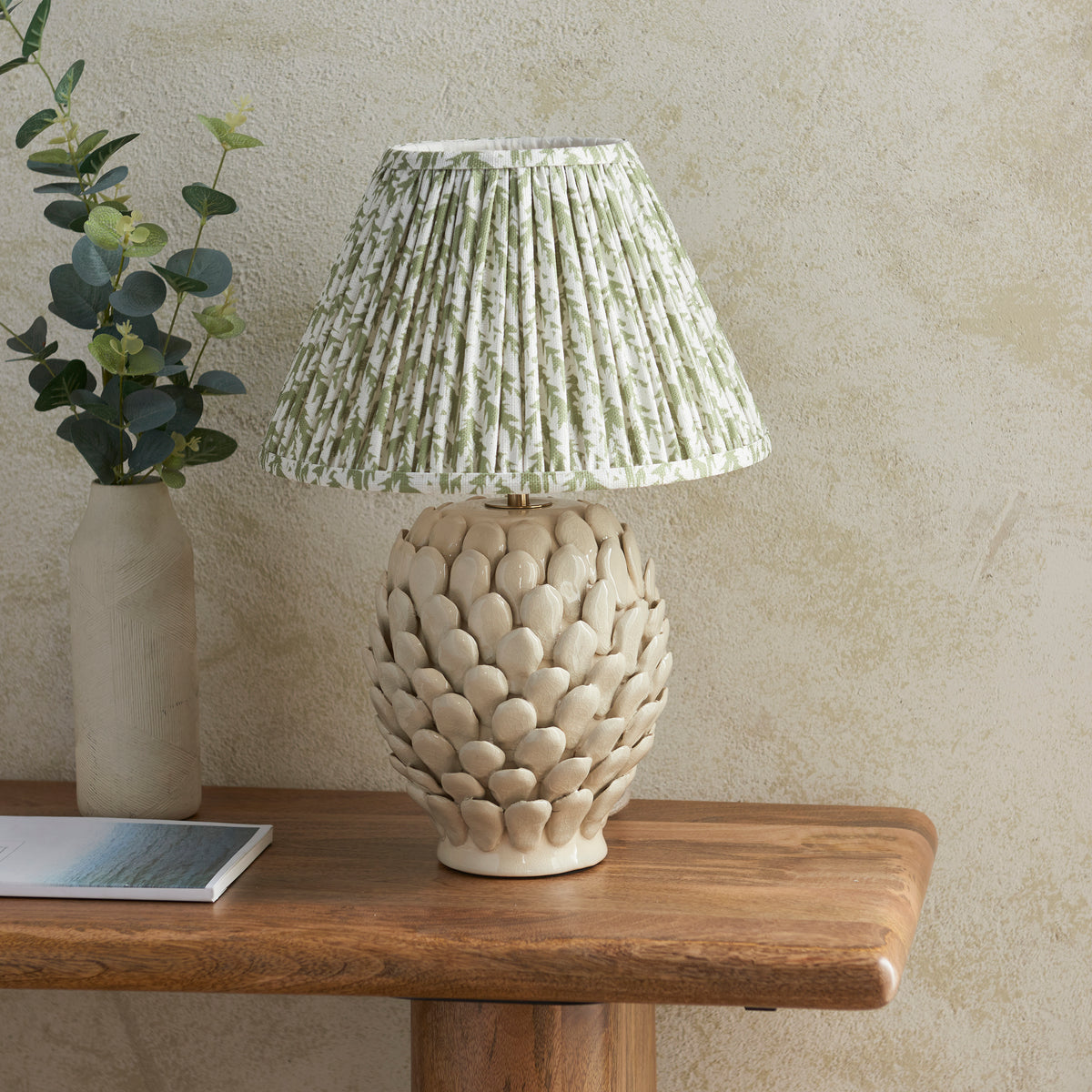 Layered Leaf Ceramic Table Lamp in Ivory Crackle Glaze with Garden Green 30cm Leaf Shade
