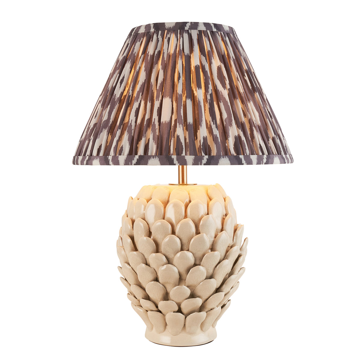 Layered Leaf Ceramic Table Lamp in Ivory Crackle Glaze with Pearl Grey 30cm Ikat Shade